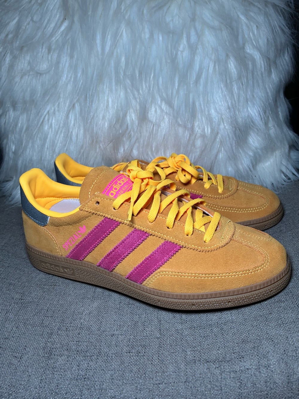 Adidas Spezial Yellow Suede Sneakers with Pink Stripes - Picture 3 of 8